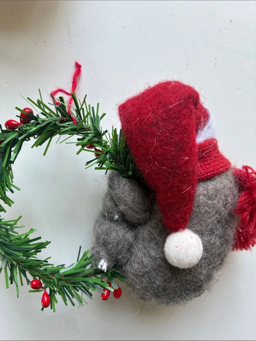 Vintage Handmade Holiday Felt Snowman and Wool Bear Ornaments Set of 2